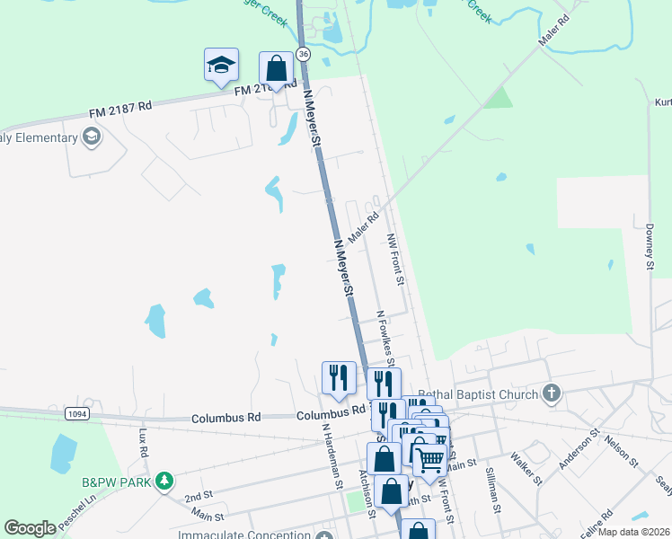map of restaurants, bars, coffee shops, grocery stores, and more near 910 North Meyer Street in Sealy