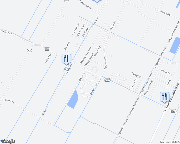 map of restaurants, bars, coffee shops, grocery stores, and more near 108 Erika Drive in Thibodaux