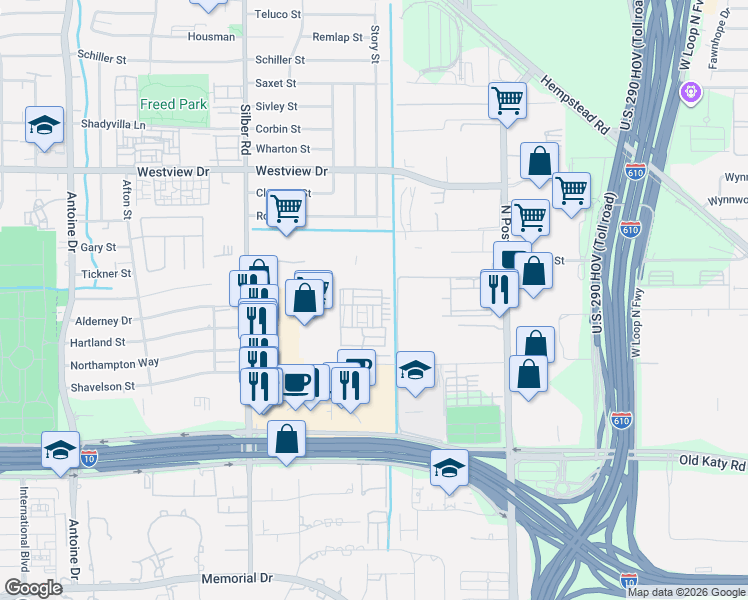 map of restaurants, bars, coffee shops, grocery stores, and more near 7519 Little Caprese Lane in Houston
