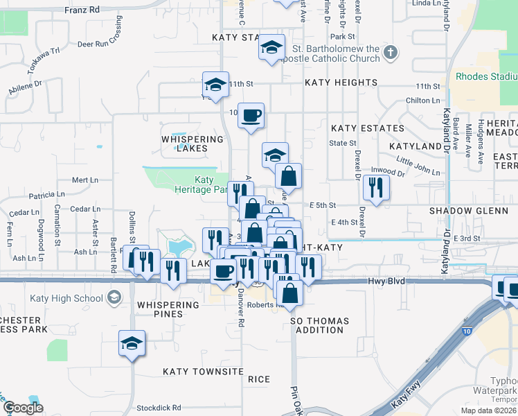 map of restaurants, bars, coffee shops, grocery stores, and more near 5718 5th Street in Katy