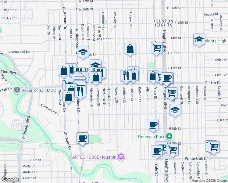 map of restaurants, bars, coffee shops, grocery stores, and more near 1034 Waverly Street in Houston