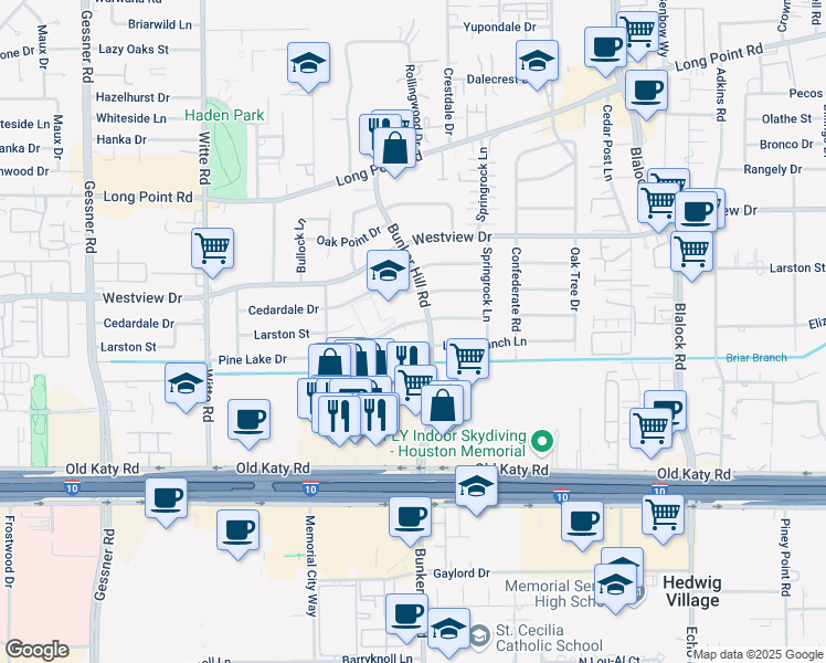 map of restaurants, bars, coffee shops, grocery stores, and more near 9757 Pine Lake Drive in Houston