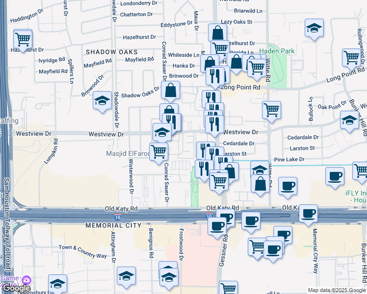map of restaurants, bars, coffee shops, grocery stores, and more near 10157 Westview Drive in Houston