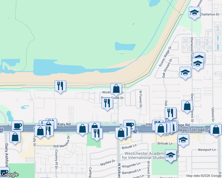map of restaurants, bars, coffee shops, grocery stores, and more near 11738 Wickhollow Lane in Houston