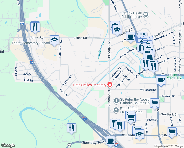 map of restaurants, bars, coffee shops, grocery stores, and more near 113 Emery Ln in Boerne