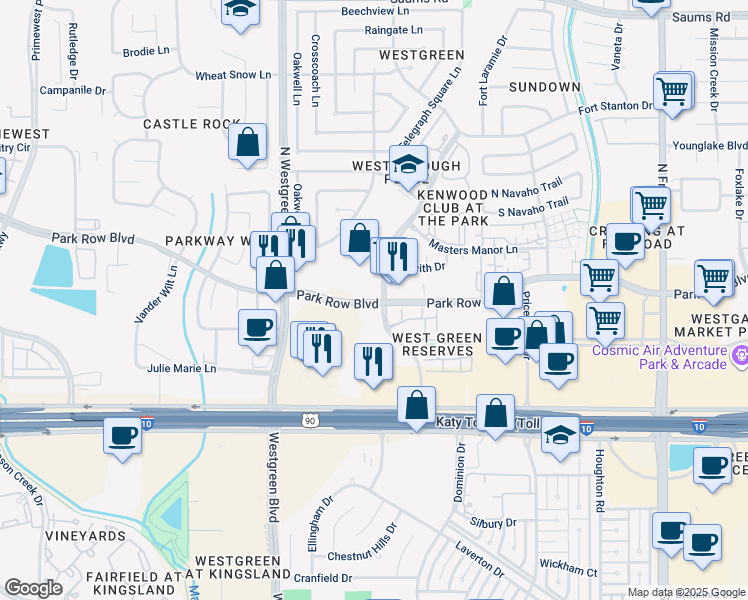 map of restaurants, bars, coffee shops, grocery stores, and more near 20290 Park Row Boulevard in Katy