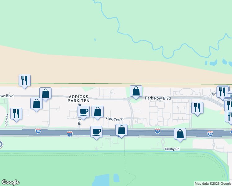 map of restaurants, bars, coffee shops, grocery stores, and more near 15950 Park Row in Houston