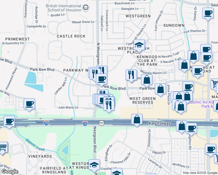 map of restaurants, bars, coffee shops, grocery stores, and more near 20253 Park Row Drive in Katy