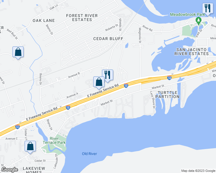 map of restaurants, bars, coffee shops, grocery stores, and more near 17011 East Freeway Service Road in Channelview