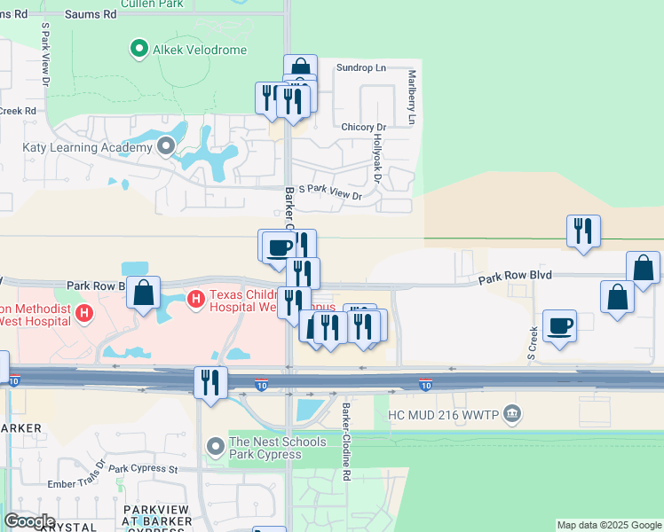 map of restaurants, bars, coffee shops, grocery stores, and more near 17900 Park Row Drive in Houston