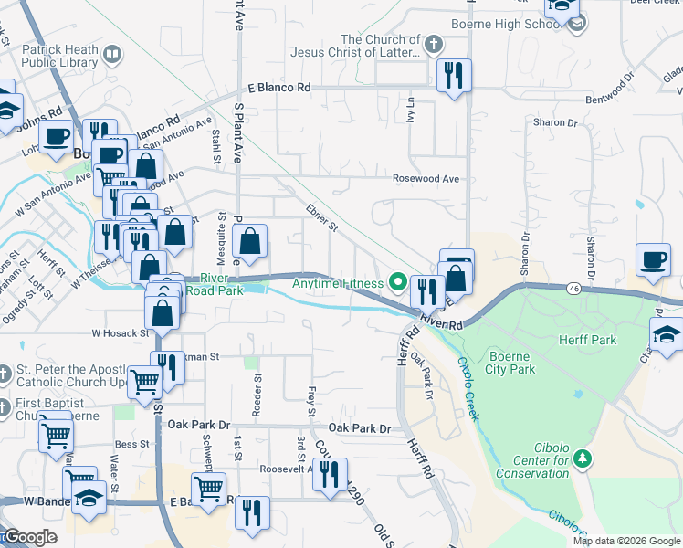 map of restaurants, bars, coffee shops, grocery stores, and more near 720 River Road in Boerne