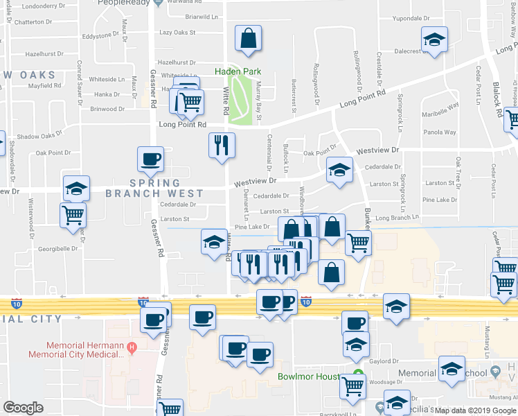 map of restaurants, bars, coffee shops, grocery stores, and more near 9914 Larston Street in Houston