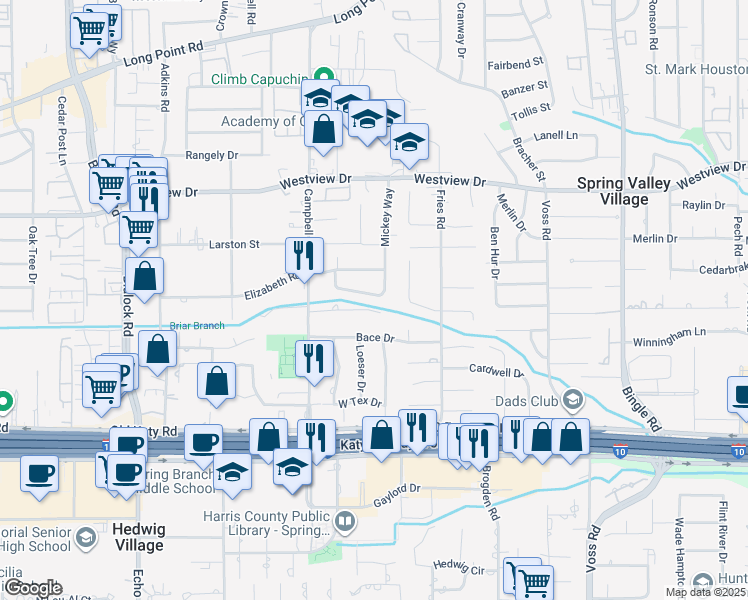 map of restaurants, bars, coffee shops, grocery stores, and more near 9005 Randy Drive in Houston