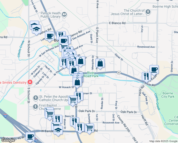 map of restaurants, bars, coffee shops, grocery stores, and more near 312 River Road in Boerne