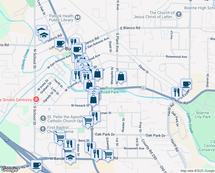 map of restaurants, bars, coffee shops, grocery stores, and more near 312 River Road in Boerne