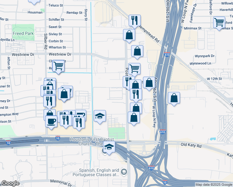 map of restaurants, bars, coffee shops, grocery stores, and more near 1255 North Post Oak Road in Houston