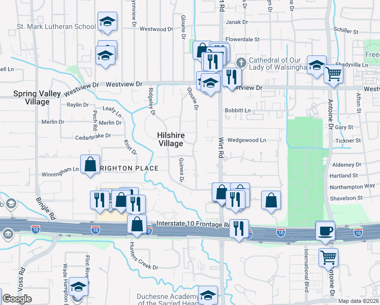 map of restaurants, bars, coffee shops, grocery stores, and more near 1202 Glourie Drive in Houston