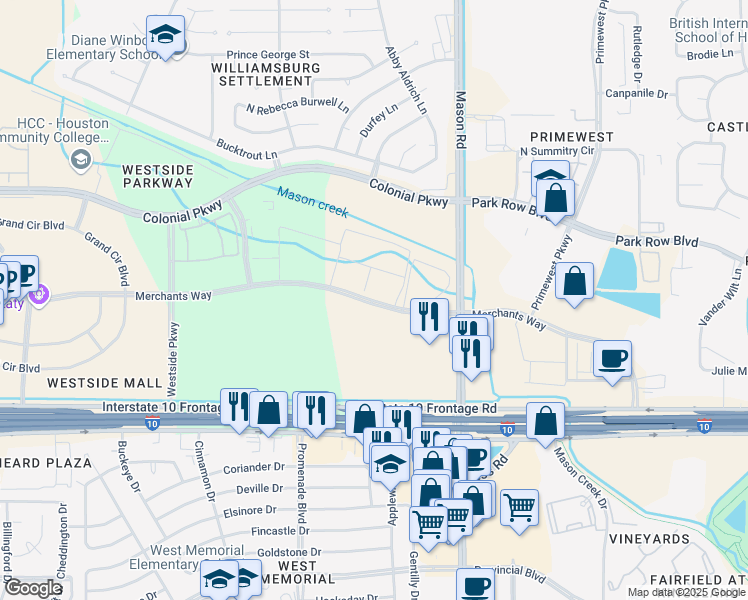 map of restaurants, bars, coffee shops, grocery stores, and more near 22130 Merchants Way in Katy