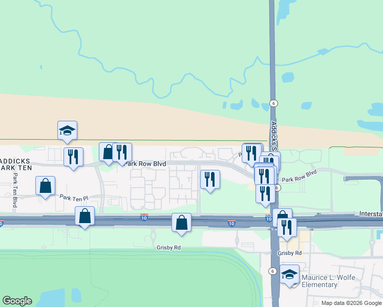 map of restaurants, bars, coffee shops, grocery stores, and more near 15200 Park Row in Houston