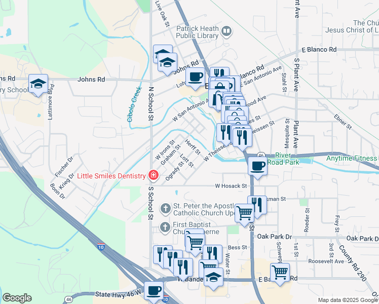 map of restaurants, bars, coffee shops, grocery stores, and more near 408 Ogrady Street in Boerne