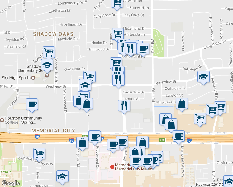 map of restaurants, bars, coffee shops, grocery stores, and more near 1215 Gessner Road in Houston