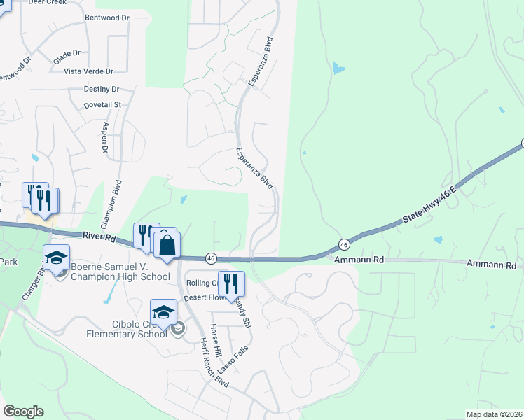 map of restaurants, bars, coffee shops, grocery stores, and more near 105 Palisades in Boerne