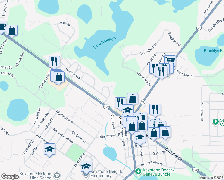 map of restaurants, bars, coffee shops, grocery stores, and more near 245 Northwest Berea Avenue in Keystone Heights