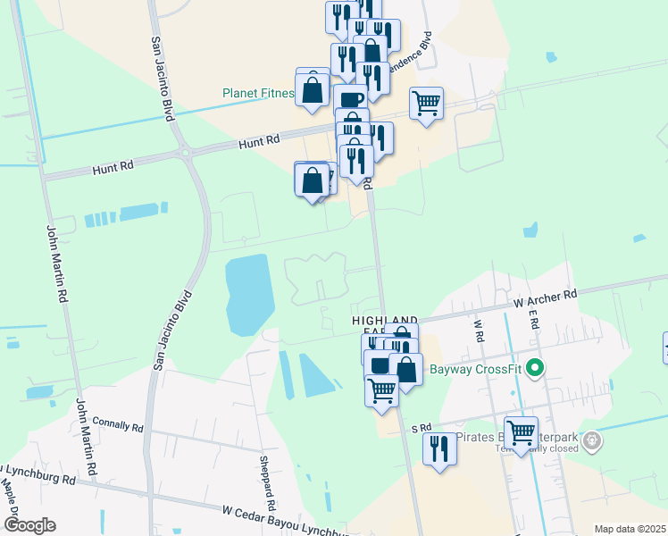 map of restaurants, bars, coffee shops, grocery stores, and more near 6033 Garth Road in Baytown