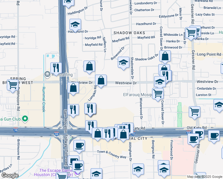 map of restaurants, bars, coffee shops, grocery stores, and more near 1235 Shadowdale Drive in Houston
