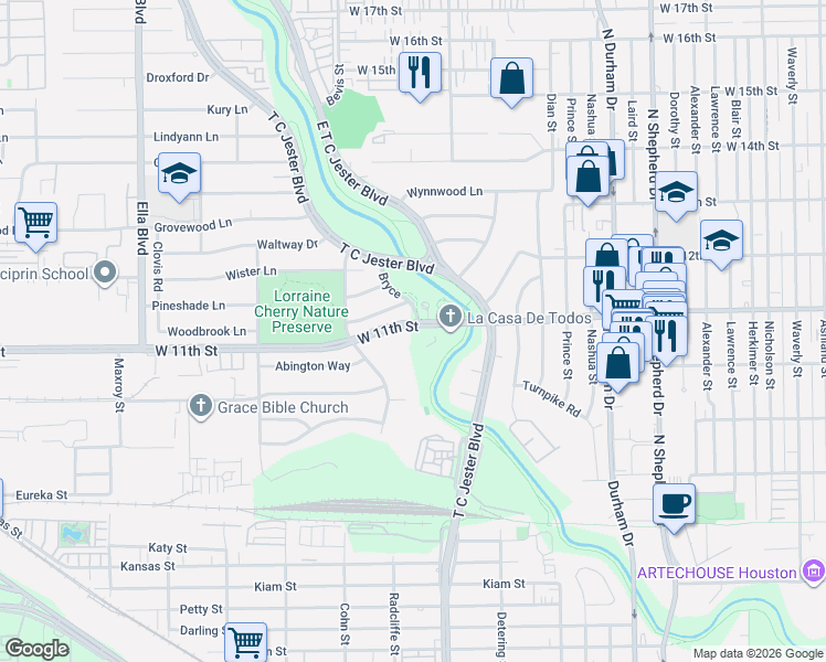 map of restaurants, bars, coffee shops, grocery stores, and more near 2115 West 11th Street in Houston