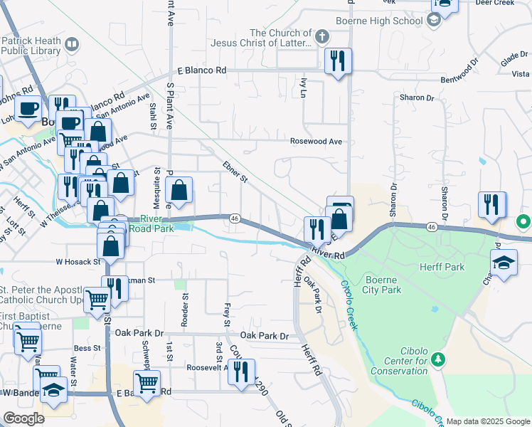 map of restaurants, bars, coffee shops, grocery stores, and more near 123 Aransas Pass in Boerne