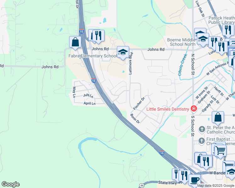 map of restaurants, bars, coffee shops, grocery stores, and more near 106 Hampton Run East in Boerne