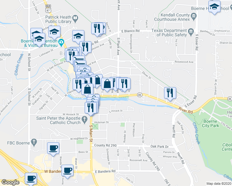 map of restaurants, bars, coffee shops, grocery stores, and more near 412 River Road in Boerne