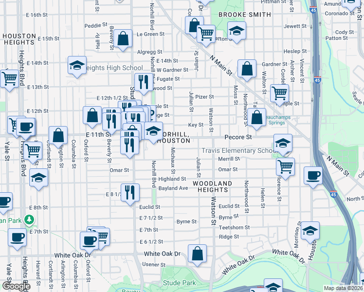 map of restaurants, bars, coffee shops, grocery stores, and more near 935 Redan Street in Houston
