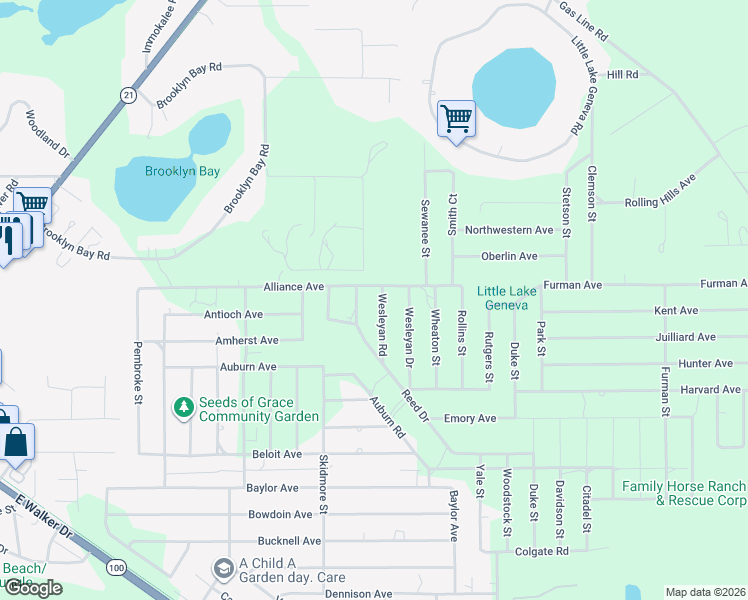 map of restaurants, bars, coffee shops, grocery stores, and more near 7142 Wesleyan Road in Keystone Heights