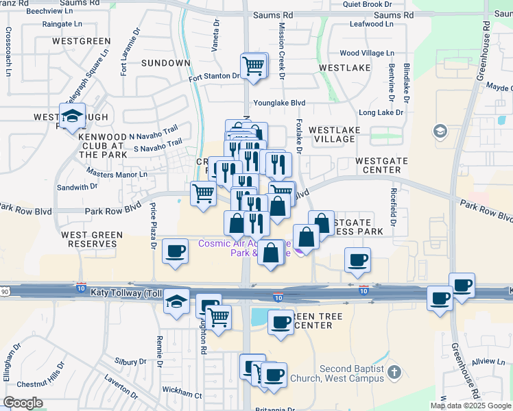 map of restaurants, bars, coffee shops, grocery stores, and more near Park Row in Houston