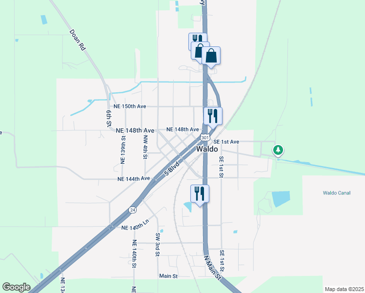 map of restaurants, bars, coffee shops, grocery stores, and more near 14368 Cole Street in Waldo
