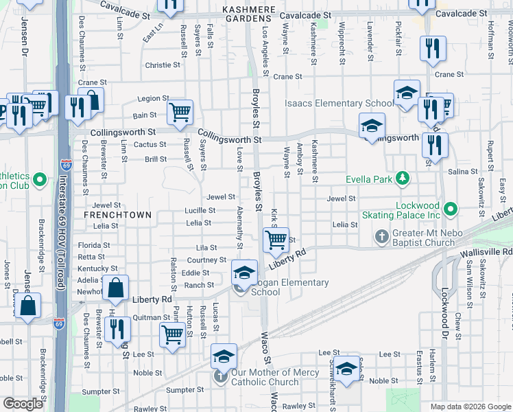 map of restaurants, bars, coffee shops, grocery stores, and more near 4115 Lucille Street in Houston