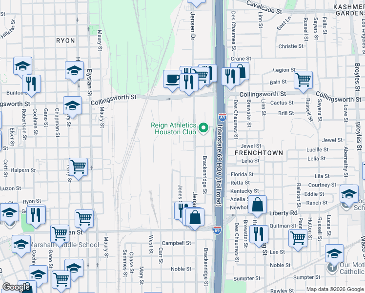 map of restaurants, bars, coffee shops, grocery stores, and more near 3057 Jensen Drive in Houston
