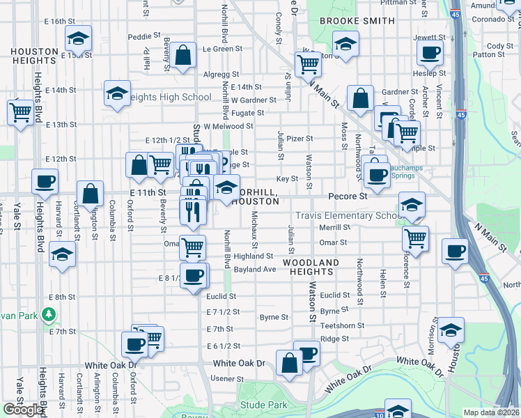 map of restaurants, bars, coffee shops, grocery stores, and more near 935 Redan Street in Houston