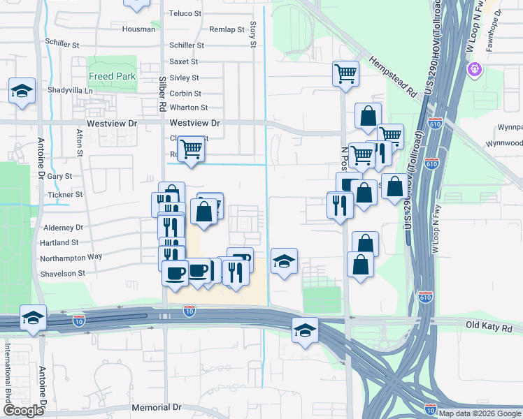 map of restaurants, bars, coffee shops, grocery stores, and more near 1236 Mosaico Lane in Houston