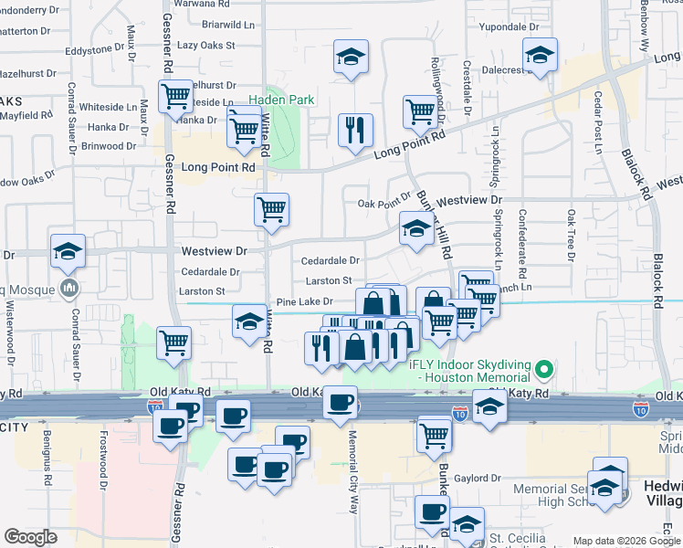 map of restaurants, bars, coffee shops, grocery stores, and more near 9818 Larston Street in Houston