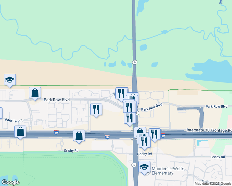 map of restaurants, bars, coffee shops, grocery stores, and more near 15000 Park Row Boulevard in Houston