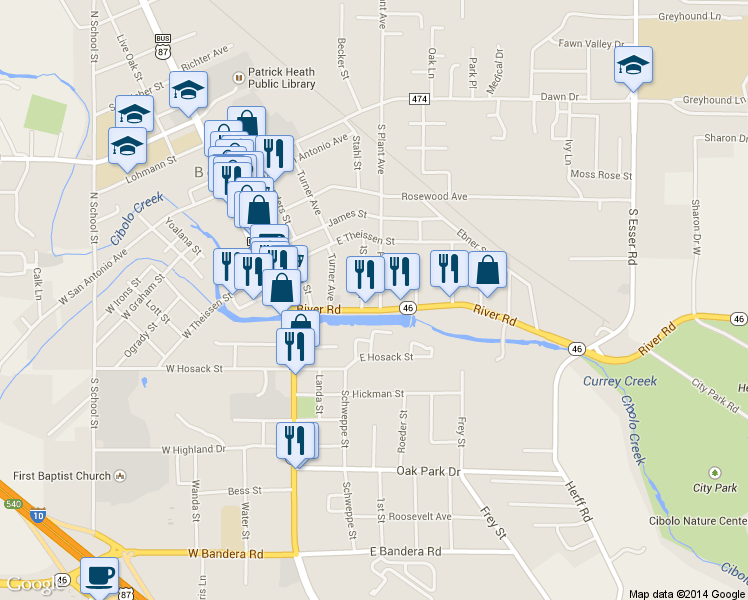 map of restaurants, bars, coffee shops, grocery stores, and more near 412 River Road in Boerne