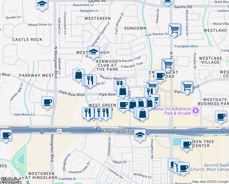 map of restaurants, bars, coffee shops, grocery stores, and more near 20150 Park Row in Katy
