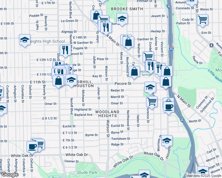 map of restaurants, bars, coffee shops, grocery stores, and more near 721 Redan Street in Houston