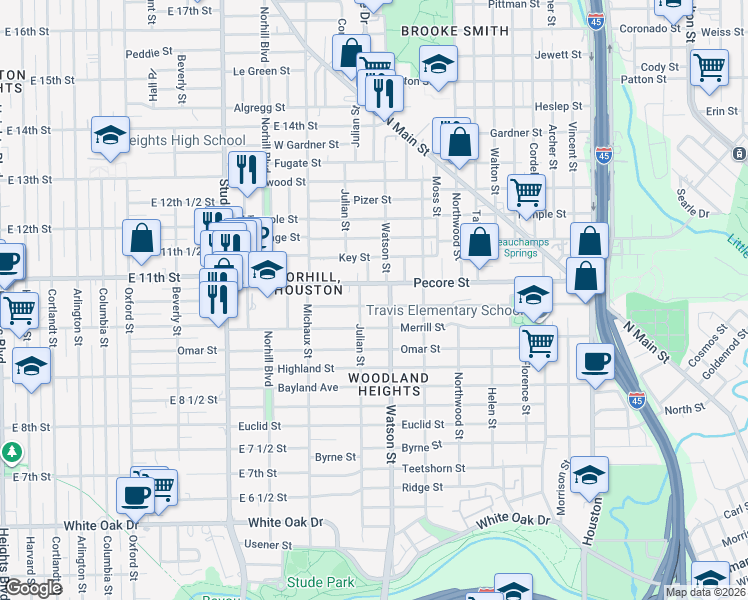map of restaurants, bars, coffee shops, grocery stores, and more near 819 Redan Street in Houston