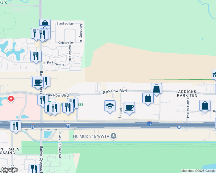 map of restaurants, bars, coffee shops, grocery stores, and more near 16930 Park Row Boulevard in Houston