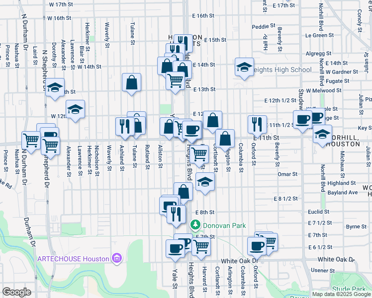 map of restaurants, bars, coffee shops, grocery stores, and more near 1015 Heights Boulevard in Houston