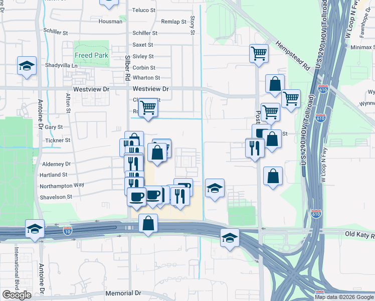 map of restaurants, bars, coffee shops, grocery stores, and more near 7519 Little Caprese Lane in Houston